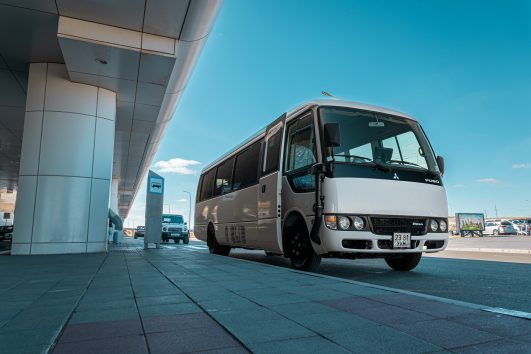 Mitsubishi Fuso Rosa bus parked for group transport service