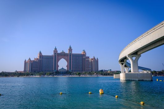 Atlantis The Palm hotel with monorail bridge on Palm Jumeirah Dubai