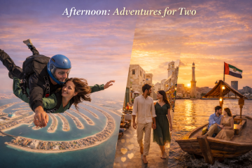 A couple in mid-air freefall during a tandem skydive with panoramic views of Palm Jumeirah and the Dubai coastline.