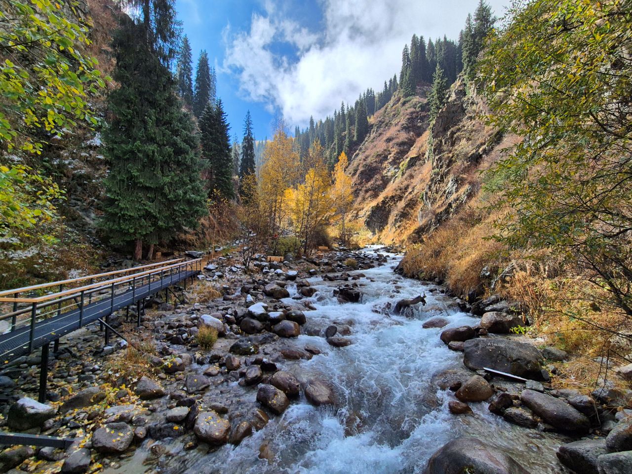 Walking trail and river in Almarasan Gorge near Almaty Kazakhstan