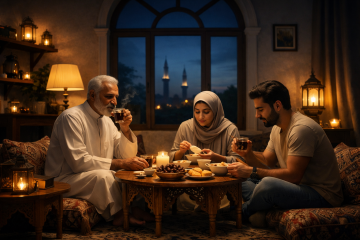 Muslim family drinking water and eating dates together at iftar as the sun sets behind a mosque
