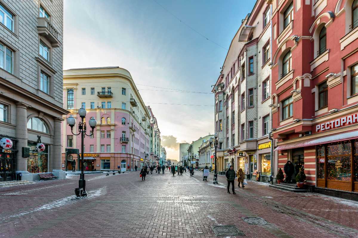 Arbat pedestrian street with shops and people in Almaty Kazakhstan
