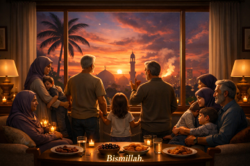 Multi-generational Muslim family standing by a window at sunset in Dubai, waiting for Maghrib prayer before breaking their fast during Ramadan