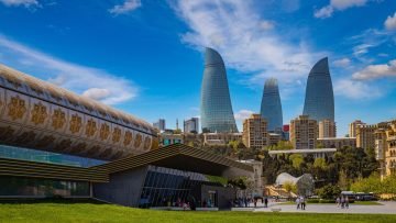 Flame Towers and modern skyline of Baku Azerbaijan