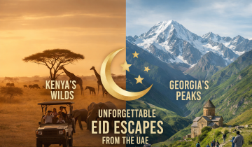Eid holiday travel banner showing Kenya safari with wildlife and Georgia mountain peaks with monastery