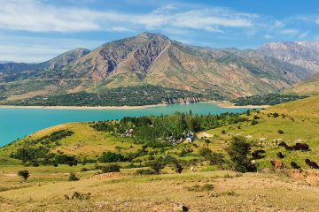 Chimgan Mountains overlooking Charvak Valley and lake in Uzbekistan