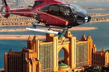 Helicopter flying above Atlantis The Palm resort in Dubai