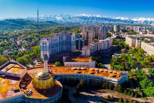 Almaty city skyline with snow-capped mountains in background