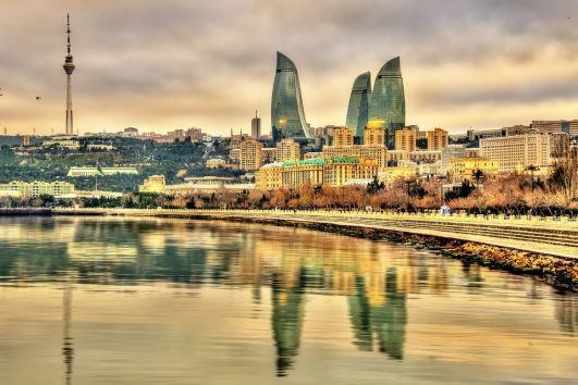 Baku skyline with Flame Towers and Caspian Sea waterfront