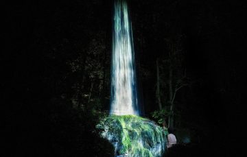 glowing waterfall light installation in dark forest at immersive art exhibition