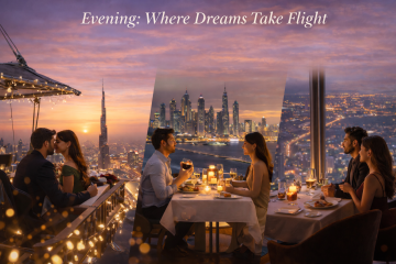 Fine dining table with a view of the Dubai skyline at night from a high-altitude restaurant like At.mosphere.
