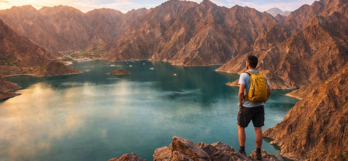 Traveler overlooking turquoise Hatta Dam surrounded by rocky mountains