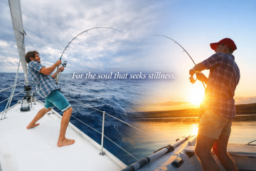 Man fishing from a boat in calm open sea at sunrise, peaceful ocean moment