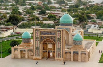 Close-up view of Hast Imam Complex architecture with blue domes in Tashkent