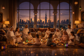Large Muslim family sharing iftar together in a Dubai living room with skyline view at sunset