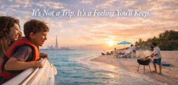 Family enjoying a beach barbecue and boat trip at Moon Island Dubai