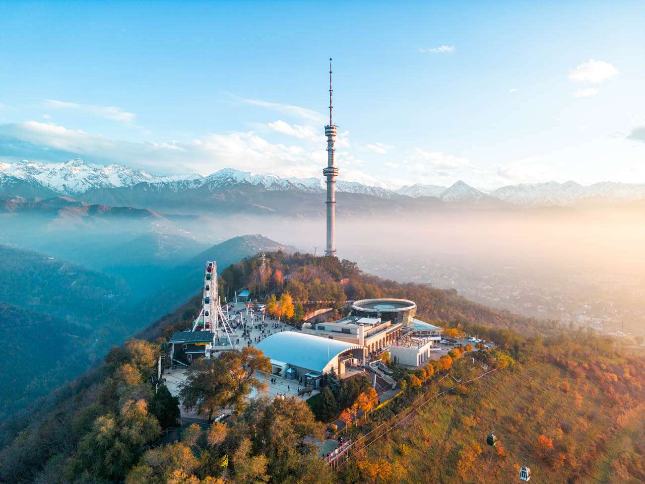 Aerial view of Kok-Tobe Mountain Park and TV Tower in Almaty Kazakhstan