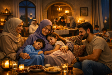 Children sleeping on their great-grandmother’s lap during Ramadan evening in a joint family home in Dubai