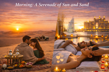 A romantic couple watching the sunrise over golden sand dunes during a private desert safari in Dubai.