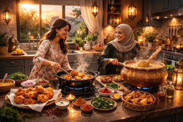 Two women cooking traditional iftar dishes in a warmly lit kitchen during Ramadan, preparing pakoras and harees