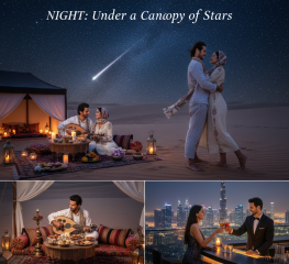 An intimate candlelit dinner setup in a private desert cabana under a clear, star-filled Arabian sky.