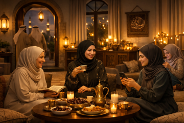 Muslim women enjoying tea and dates together in a warmly lit living room during Ramadan evening