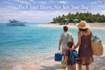 Family walking toward a tropical island with bags and supplies for a beach day