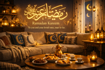 Cozy living room decorated for Ramadan with lanterns, crescent moon decor, Arabic coffee, dates and traditional snacks
