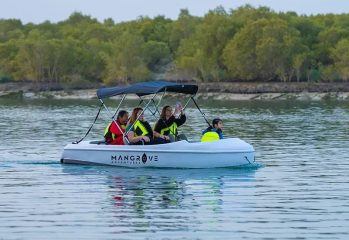 A small white motorboat with a black sun canopy carrying four people on calm blue water.