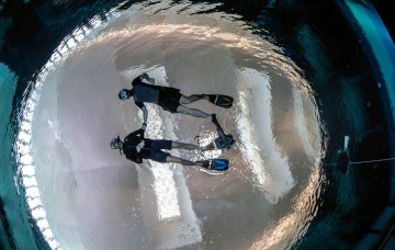 Fisheye lens view of two people snorkeling on the surface of the clear blue pool water.