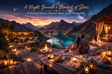 Romantic outdoor dining under the stars at a mountain eco-lodge in Hatta