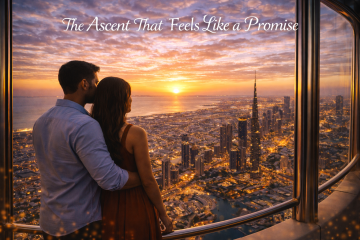 Couple standing at a high observation deck overlooking Dubai city skyline at sunset with panoramic views