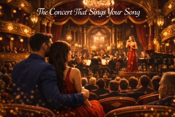 Couple watching a romantic opera performance in a grand theatre with chandeliers and live orchestra in Dubai