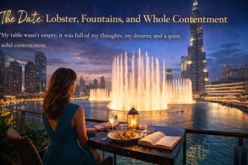 Woman enjoying a solo dinner overlooking Dubai Fountain and Burj Khalifa at night