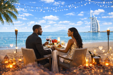 Couple enjoying a candlelight beach dinner with Burj Al Arab view in Dubai