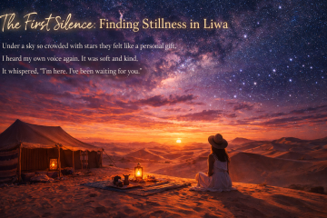 Woman sitting outside a Bedouin tent in Liwa desert under a star-filled sky at sunset