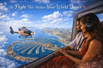 Couple enjoying a romantic helicopter ride over Palm Jumeirah and Dubai skyline