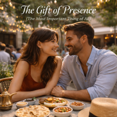 Couple enjoying a romantic dinner together, sharing food and smiling during a candlelit outdoor dining experience in Dubai