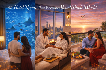 Couple enjoying a romantic luxury hotel room with skyline and ocean views in Dubai