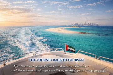Boat journey towards Moon Island Dubai with Dubai skyline in the distance