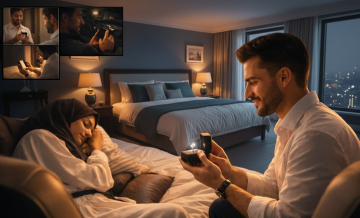 man holding engagement ring while woman sleeps on couch in hotel bedroom at night