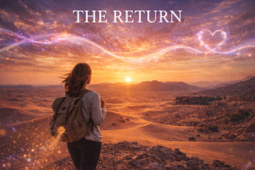 Woman standing on desert cliff at sunset overlooking vast dunes and mountains