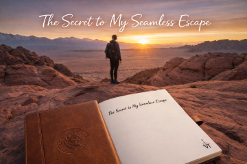 Woman overlooking desert sunrise with journal in foreground during solo travel in the UAE