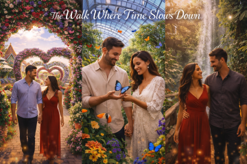 Couple walking hand in hand through Dubai Miracle Garden, butterfly garden, and lush rainforest walkway