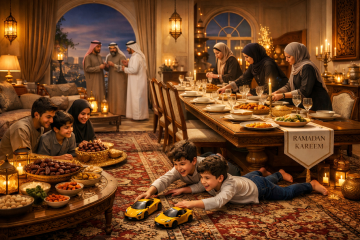 Children playing with toy cars on a carpet while family members prepare a Ramadan iftar table in a traditional living room setting