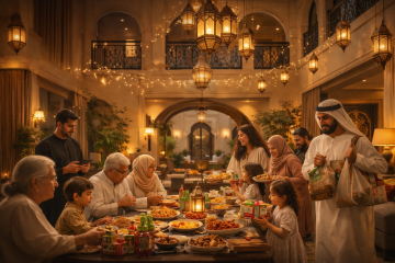 Extended Muslim family gathering in a decorated living room before iftar, children playing while adults prepare food and drinks