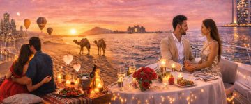 Romantic dinner on yacht, desert couple with camels and hot air balloons in Dubai