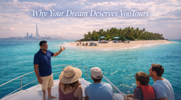 Tour guide welcoming family to Moon Island from yacht with Dubai skyline behind