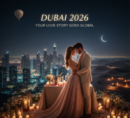 Romantic couple enjoying a luxury candlelight dinner overlooking Dubai skyline and desert at night with VooTours 2026