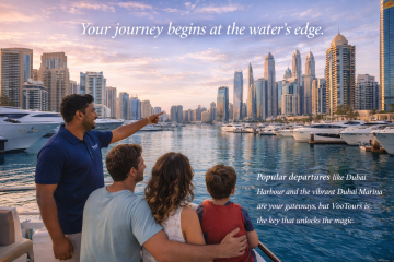 Family standing on yacht at Dubai Marina pointing toward the sea and skyline